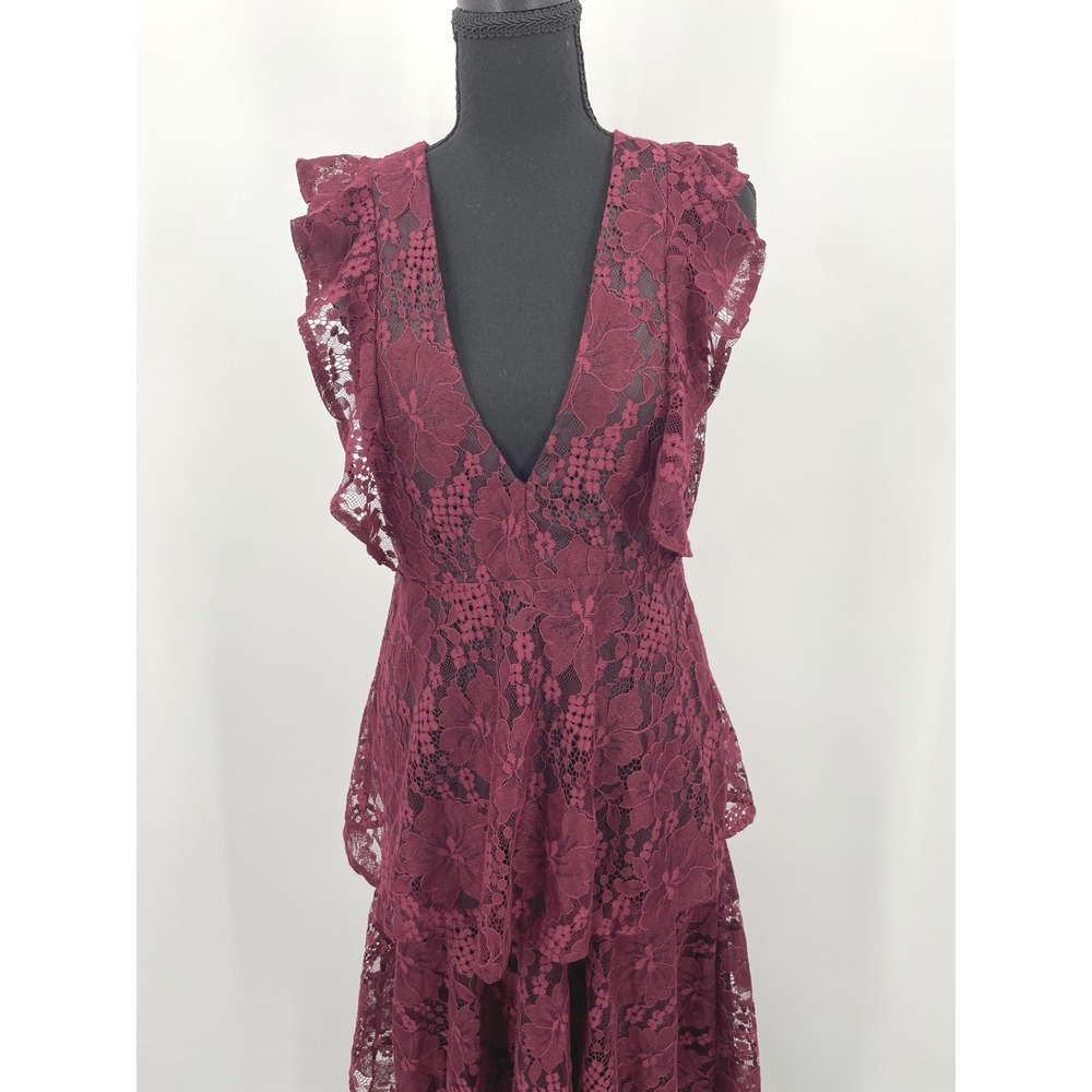 Lulus Molinetto Dress Womens S Burgundy Lace Tiered V-Neck Ruffle Wedding Guest - Picture 2 of 10